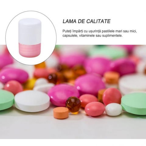 Cutie pastile multifunctionala, 4 in 1, pahar apa, taiere, sfaramare, depozitare, compact, abs cu lama din inox, alb/roz, 8.7x6.2x4.1 cm [2]