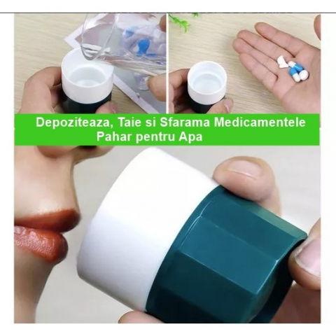 Cutie pastile multifunctionala, 4 in 1, pahar apa, taiere, sfaramare, depozitare, compact, abs cu lama din inox, alb/verde, 8.7x6.2x4.1 cm [1]