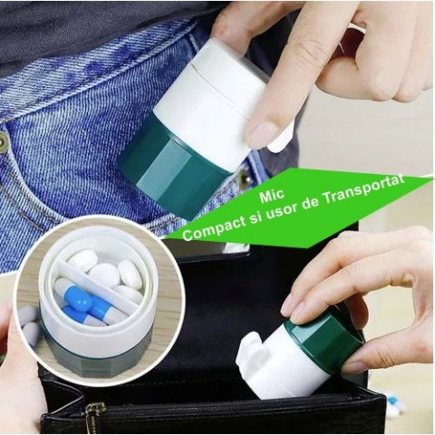 Cutie pastile multifunctionala, 4 in 1, pahar apa, taiere, sfaramare, depozitare, compact, abs cu lama din inox, alb/verde, 8.7x6.2x4.1 cm [2]