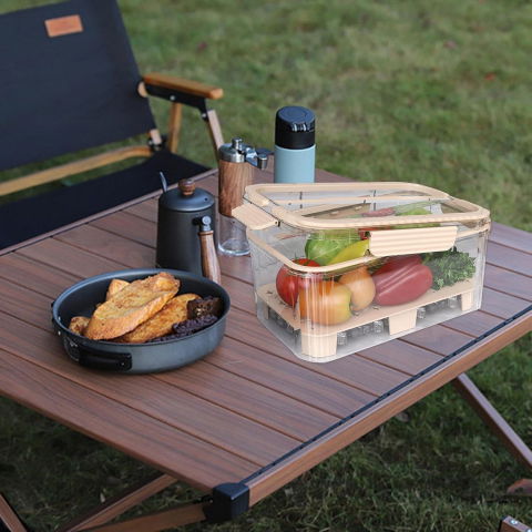 Cutie pentru depozitare alimente, de uz casnic, 2 compartimente, zona pentru gheata, mentinere fresh, cu maner, material pet, 23x15x10.8 cm, bej [5]