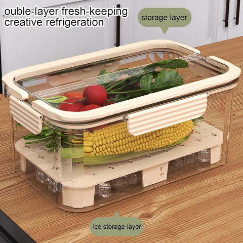 Cutie pentru depozitare alimente, de uz casnic, 2 compartimente, zona pentru gheata, mentinere fresh, cu maner, material pet, 23x15x10.8 cm, bej [4]