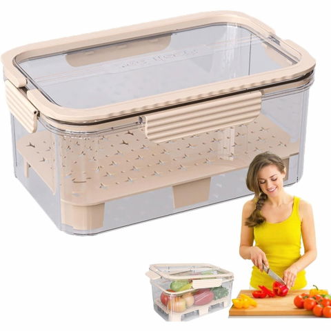 Cutie pentru depozitare alimente, de uz casnic, 2 compartimente, zona pentru gheata, mentinere fresh, cu maner, material pet, 23x15x10.8 cm, bej [3]