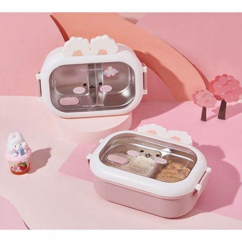 Cutie pentru pranz sau gustari, cu doua compartimente, model iepuras, pentru copii si adulti, etansare, pp, perfect pentru scoala si birou, 1000 ml, 22x17.8x8 cm, roz [5]
