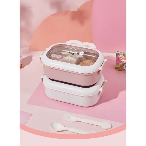 Cutie pentru pranz sau gustari, cu doua compartimente, model iepuras, pentru copii si adulti, etansare, pp, perfect pentru scoala si birou, 1000 ml, 22x17.8x8 cm, roz [2]