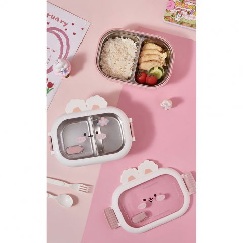 Cutie pentru pranz sau gustari, cu doua compartimente, model iepuras, pentru copii si adulti, etansare, pp, perfect pentru scoala si birou, 1000 ml, 22x17.8x8 cm, alb [2]