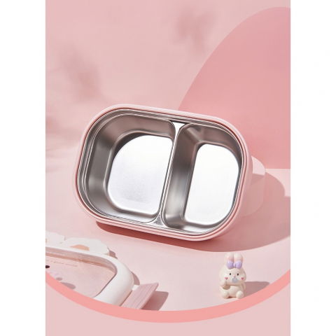 Cutie pentru pranz sau gustari, cu doua compartimente, model iepuras, pentru copii si adulti, etansare, pp, perfect pentru scoala si birou, 1000 ml, 22x17.8x8 cm, roz [4]