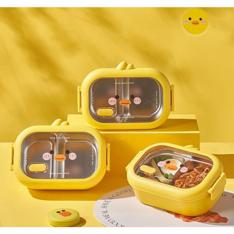 Cutie pentru pranz sau gustari, cu doua compartimente, model ratusca, pentru copii si adulti, etansare, pp, perfect pentru scoala si birou, 1000 ml, 22.5x14.5x8 cm, galben [5]