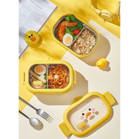 Cutie pentru pranz sau gustari, cu doua compartimente, model ratusca, pentru copii si adulti, etansare, pp, perfect pentru scoala si birou, 1000 ml, 22.5x14.5x8 cm, galben [9]