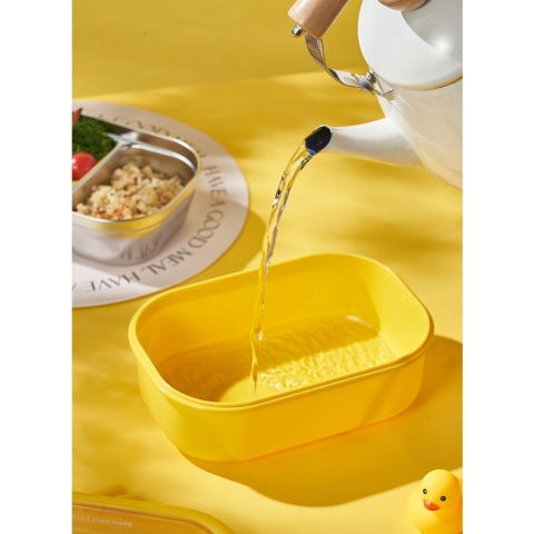 Cutie pentru pranz sau gustari, cu doua compartimente, model ratusca, pentru copii si adulti, etansare, pp, perfect pentru scoala si birou, 1000 ml, 22.5x14.5x8 cm, galben [11]