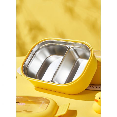 Cutie pentru pranz sau gustari, cu doua compartimente, model ratusca, pentru copii si adulti, etansare, pp, perfect pentru scoala si birou, 1000 ml, 22.5x14.5x8 cm, galben [10]