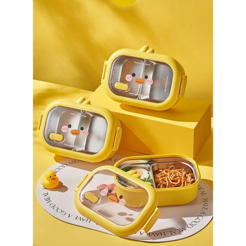 Cutie pentru pranz sau gustari, cu doua compartimente, model ratusca, pentru copii si adulti, etansare, pp, perfect pentru scoala si birou, 1000 ml, 22.5x14.5x8 cm, galben [6]