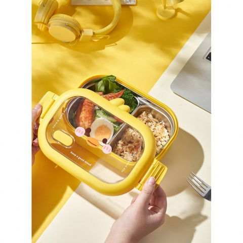 Cutie pentru pranz sau gustari, cu doua compartimente, model ratusca, pentru copii si adulti, etansare, pp, perfect pentru scoala si birou, 1000 ml, 22.5x14.5x8 cm, galben [7]