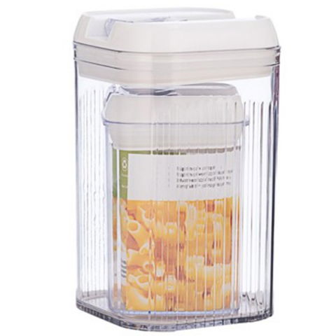Seturi pentru organizarea cămării - Cutii de depozitare alimente, set din 2 cutii de tip container, recipiente pentru cereale in bucatarie, 0.8 l-10x15.5 cm, 2 l-12.5x12.5x21.5 cm, transparente cu capac alb