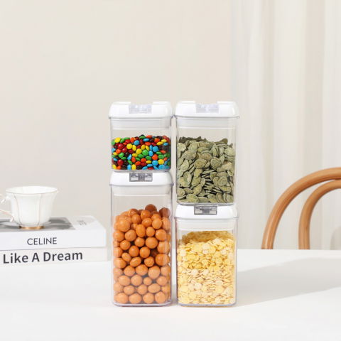 Cutii de depozitare alimente, set din 4 cutii pentru condimente in bucatarie, cutii de tip container, diferite dimensiuni, cu capac ermetic, din plastic pp, transparent [2]