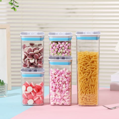 Cutii de depozitare alimente, set din 5 cutii de tip container, 1x0.5 l, 2x0.8 l, 1x1.2 l, 1x1.9 l, recipiente pentru cereale in bucatarie,  transparente cu capac albastru-alb [2]