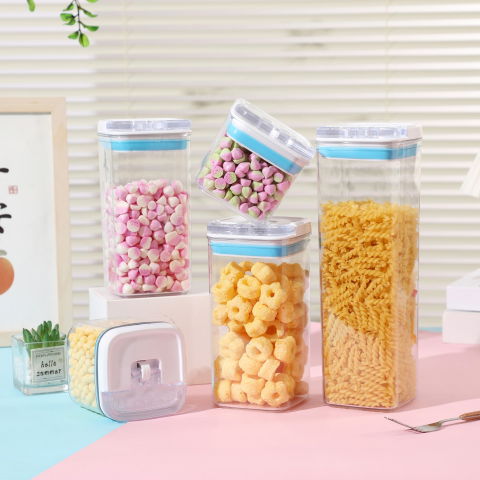 Cutii de depozitare alimente, set din 5 cutii de tip container, 1x0.5 l, 2x0.8 l, 1x1.2 l, 1x1.9 l, recipiente pentru cereale in bucatarie,  transparente cu capac albastru-alb [1]