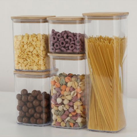 Cutii de depozitare alimente, set din 5 cutii de tip container, cutii pentru cereale, din plastic, capac din bambuc, 1pc 0.5 l. 2pc 0.8 l, 2pc 1.2 l, 1pc 1.9 l,  transparente [1]