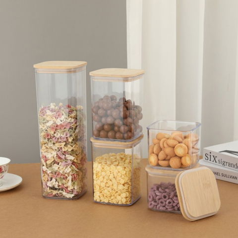 Cutii de depozitare alimente, set din 5 cutii de tip container, cutii pentru cereale, din plastic, capac din bambuc, 1pc 0.5 l. 2pc 0.8 l, 2pc 1.2 l, 1pc 1.9 l,  transparente [2]