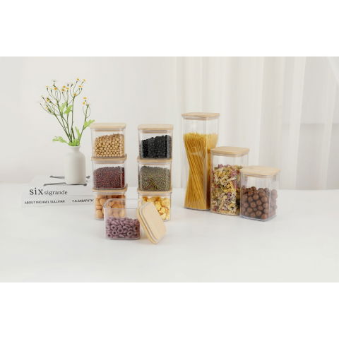Cutii de depozitare alimente, set din 5 cutii de tip container, cutii pentru cereale, din plastic, capac din bambuc, 1pc 0.5 l. 2pc 0.8 l, 2pc 1.2 l, 1pc 1.9 l,  transparente [3]