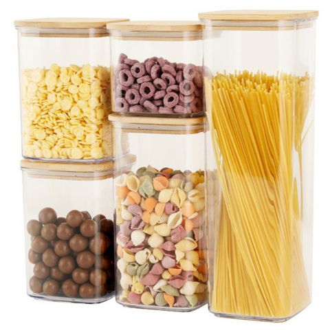 Cutii de depozitare alimente, set din 5 cutii de tip container, cutii pentru cereale, din plastic, capac din bambuc, 1pc 0.5 l. 2pc 0.8 l, 2pc 1.2 l, 1pc 1.9 l,  transparente