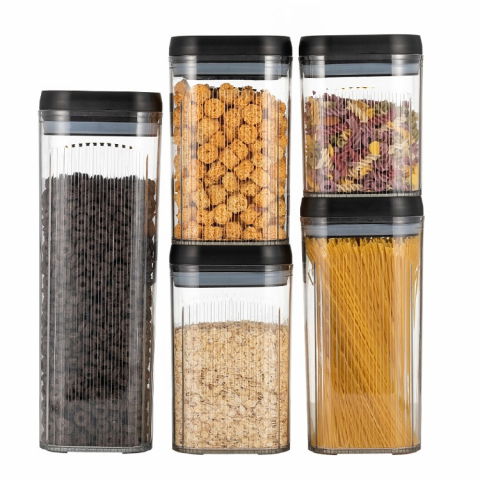 Seturi pentru organizarea cămării - Cutii de depozitare alimente, set din 5 cutii de tip container, recipiente pentru cereale in bucatarie,  transparente cu capac negru
