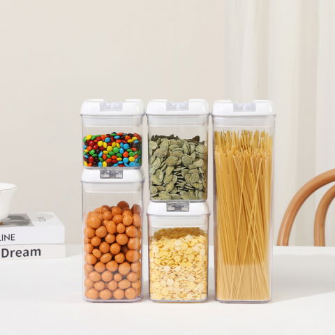 Cutii de depozitare alimente, set din 5 cutii pentru condimente, volumetrie 0.5l, 0.8l, 1.2l, 1.9l, transparente cu capac alb [1]