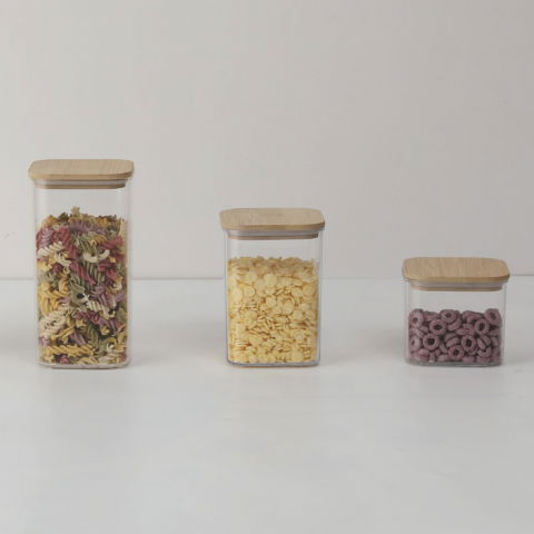 Cutii de depozitare alimente, set din 6 cutii de tip container, cutii pentru cereale, din plastic, capac din bambuc, 2pc 0.5 l. 2pc 0.8 l, 2pc 1.2 l, transparente [2]