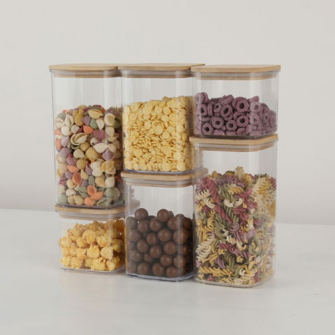 Cutii de depozitare alimente, set din 6 cutii de tip container, cutii pentru cereale, din plastic, capac din bambuc, 2pc 0.5 l. 2pc 0.8 l, 2pc 1.2 l, transparente [1]