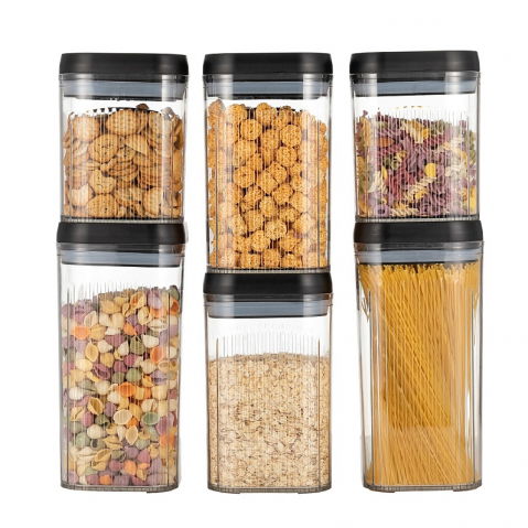 Seturi pentru organizarea cămării - Cutii de depozitare alimente, set din 6 cutii de tip container, recipiente pentru cereale in bucatarie,  transparente cu capac negru