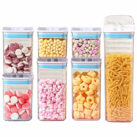 Seturi pentru organizarea cămării - Cutii de depozitare alimente, set din 7 cutii de tip container, 2x0.5 l, 2x0.8 l, 2x1.2 l, 1x1.9 l, recipiente pentru cereale in bucatarie,  transparente cu capac albastru-alb