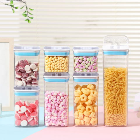 Cutii de depozitare alimente, set din 7 cutii de tip container, 2x0.5 l, 2x0.8 l, 2x1.2 l, 1x1.9 l, recipiente pentru cereale in bucatarie,  transparente cu capac albastru-alb [1]