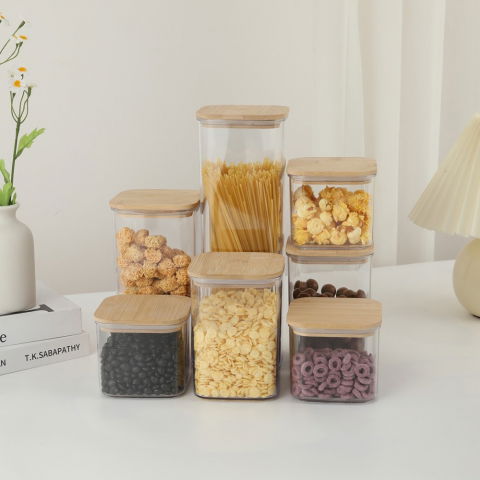 Cutii de depozitare alimente, set din 7 cutii de tip container, cutii pentru cereale, din plastic, capac din bambuc, 2pc 0.5 l, 2pc 0.8 l, 2pc 1.2 l, 1pc 2.5 l, transparente [2]