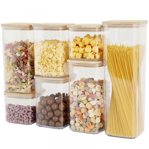 Seturi pentru organizarea cămării - Cutii de depozitare alimente, set din 7 cutii de tip container, cutii pentru cereale, din plastic, capac din bambuc, 2pc 0.5 l, 2pc 0.8 l, 2pc 1.2 l, 1pc 2.5 l, transparente