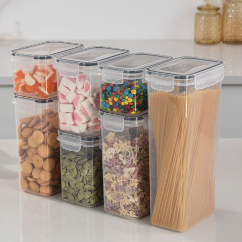 Cutii de depozitare alimente, set din 7 cutii pentru condimente, cereale, cutii pentru bucatarie, din plastic pp, cutii alimentare, diferite dimensiuni, transparente [5]