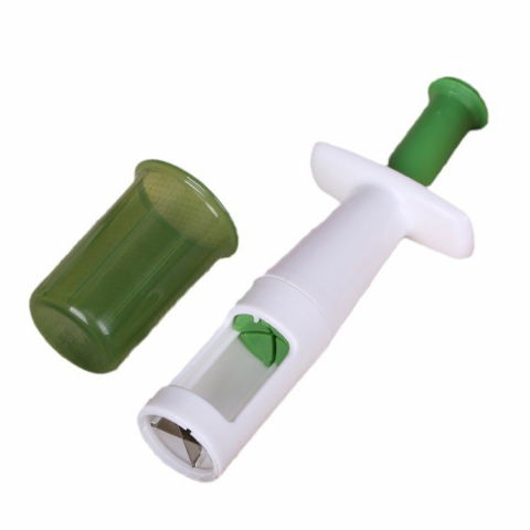 Ajutoare pentru gatit - Cutit feliator pentru legume si fructe mici, feliator pentru rosii cherry, feliator pentru masline, ustensila de feliat fructe si legume, 18 x 6,5 cm, verde