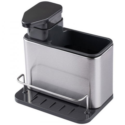 Accesorii și ustensile in bucatarie - Dispenser multifunctional, dozator pentru detergent, pentru sapun lichid, dezinfectant, cu suport pentru ustensile, 18.5 x 18 x 12.8 cm negru