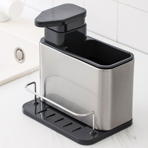 Dispenser multifunctional, dozator pentru detergent, pentru sapun lichid, dezinfectant, cu suport pentru ustensile, 18.5 x 18 x 12.8 cm negru [1]