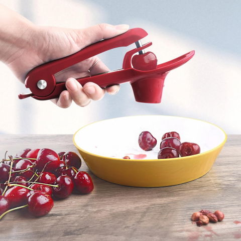 Dispozitiv de scos samburi, manual, cu 1 gaura, pentru cirese/masline, 20.5 x 3.8 x 13 cm, din abs+otel inoxidabil, cu maner, rosu [4]