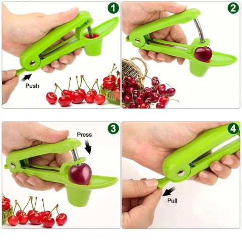 Dispozitiv de scos samburi, manual, cu 1 gaura, pentru cirese/masline, 20.5 x 3.8 x 13 cm, din abs+otel inoxidabil, cu maner, verde [2]