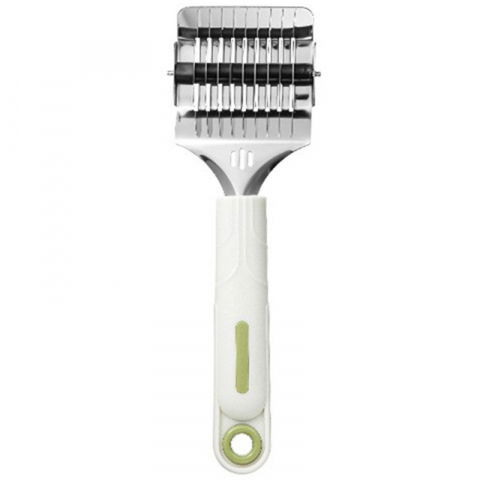 Organizatoare si accesorii pentru bucatarie - Dispozitiv de taiat taietei, din plastic cu inox razatoare, curatator de legume-fructe, maner anti alunecare, 22 x 6.5 cm alb