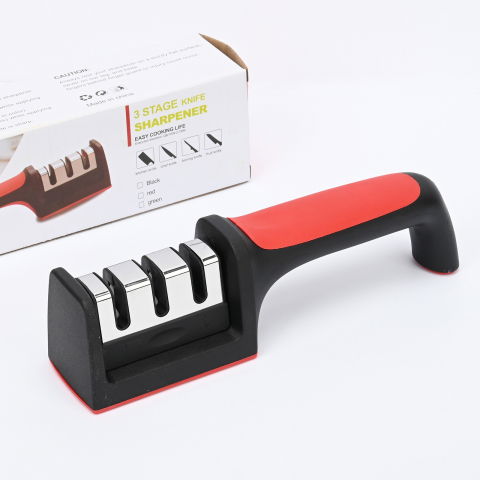 Dispozitiv pentru ascutit cutite  cu 3 pozitii, rosu/negru, material inox si abs, 21.5x5x6 cm [3]