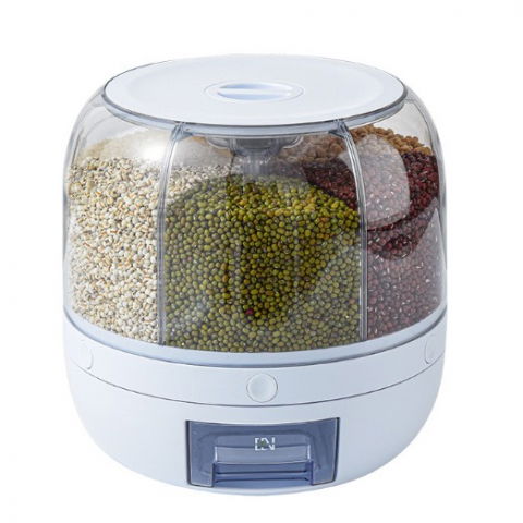 Dozator de cereale  rotativ 360, 6 compartimente, capacitate 3 l, rezistent la umezeala, inchidere etansa, alb