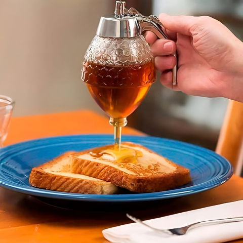 Dozator de miere, dispenser fara picurare, borcan tip fagure, fara scurgeri, pentru zahar si sirop, 15x8 cm, transparent [2]