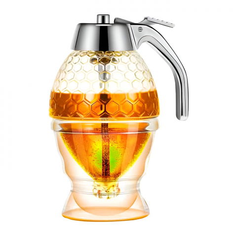 Recipiente pentru condimente si uleiuri - Dozator de miere, dispenser fara picurare, borcan tip fagure, fara scurgeri, pentru zahar si sirop, 15x8 cm, transparent