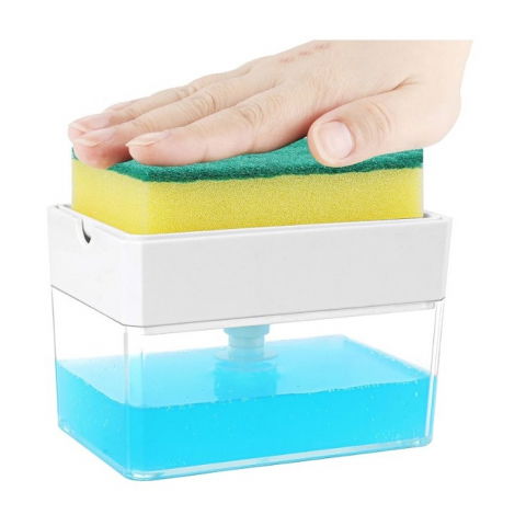 Dozator  dispenser 2 in 1 pentru detergent lichid de vase sau pentru obiecte sanitare cu suport pentru burete de bucatarie ,14 x 10.5 x 10 cm, capacitate 380 ml, alb [5]