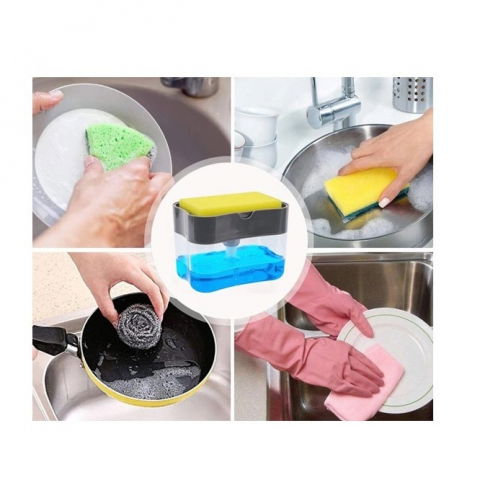 Dozator  dispenser 2 in 1 pentru detergent lichid de vase sau pentru obiecte sanitare cu suport pentru burete de bucatarie ,14 x 10.5 x 10 cm, capacitate 380 ml, gri [2]