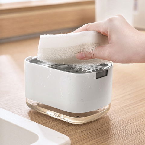 Dozator  dispenser 2 in 1 pentru detergent lichid de vase sau pentru obiecte sanitare cu suport pentru burete de bucatarie , 8.6 x 14.5 x 10 cm, capacitate 300 ml, alb [1]