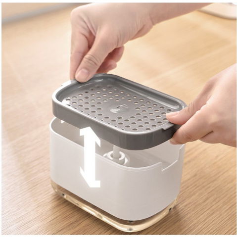 Dozator  dispenser 2 in 1 pentru detergent lichid de vase sau pentru obiecte sanitare cu suport pentru burete de bucatarie , 8.6 x 14.5 x 10 cm, capacitate 300 ml, alb [3]