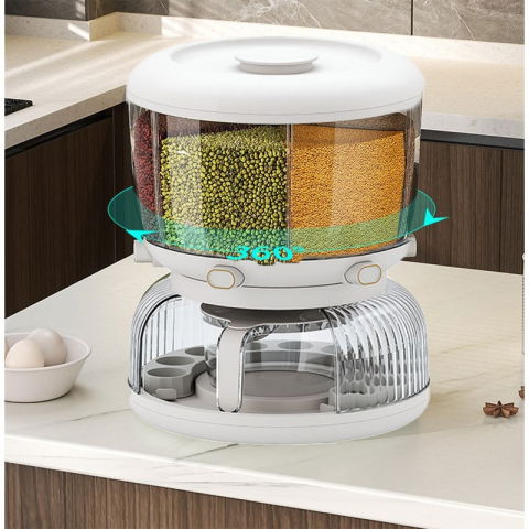 Dozator etajat de cereale  rotativ 360, 6 compartimente, capacitate 10l, cofrag special pentru oua, vas pentru scurgerea cerealelor, 35x27.5 cm, alb [3]