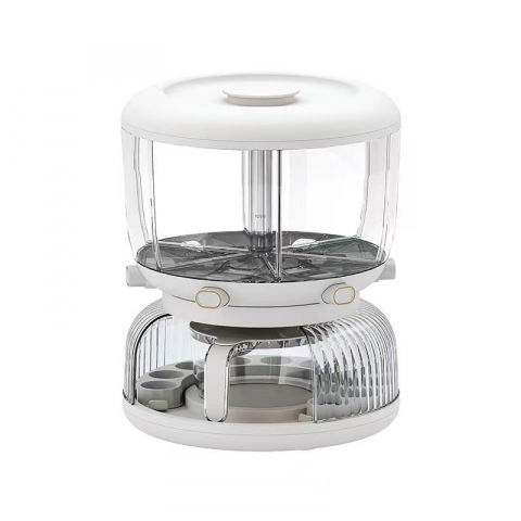 Dozator etajat de cereale  rotativ 360, 6 compartimente, capacitate 10l, cofrag special pentru oua, vas pentru scurgerea cerealelor, 35x27.5 cm, alb